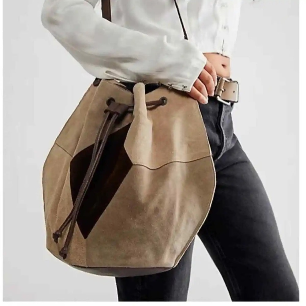 Suede Drawstring Bucket Bag in Taupe